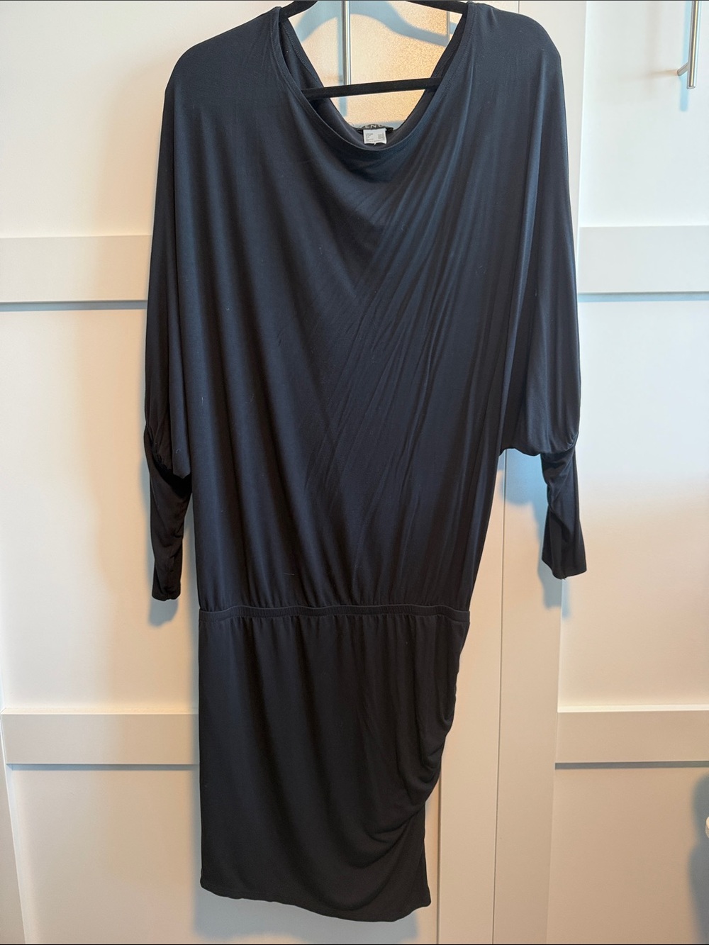 VENUS Black Long Sleeve Draped Jersey Midi Dress